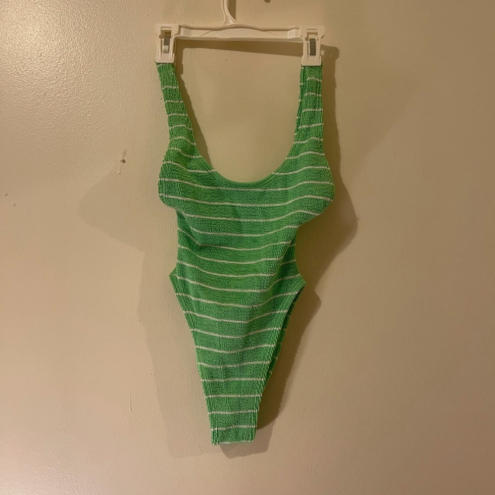 Green and White Stripped One Piece Swimsuit Size Small